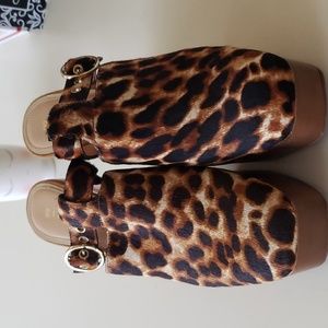 Gianni Bini Sotelo Leopard Print Calf Hair Buckle Detail Platform Clogs